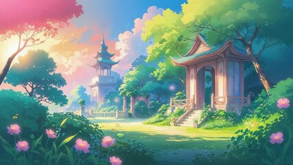 Dawn sunlight shifting pavilion shadows on steps while petals drifting in temple garden, copy space - Powered by Adobe