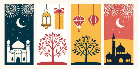 Fototapeta premium Colorful Festive Illustration Featuring Ramadan, Diwali, Christmas Elements and Holiday Celebration Themes
