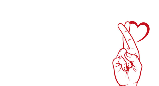Simple concept of luck and love with crossed fingers heart shown in graphic style. Crossed fingers show simple concept of luck and love, presented with delicate line work and a small heart accent.