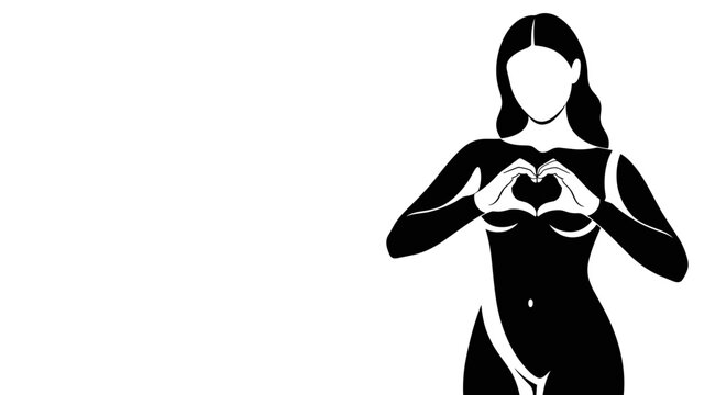 Abstract female form with heart gesture, a minimal shape in black and white, portraying self love. Heart gesture expresses care and body positivity, also symbolizes tenderness and health.