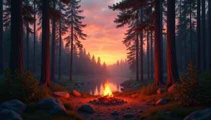Tranquil Sunset by the River with Campfire in Forest Landscape