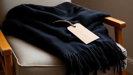Cozy navy blue fringed throw blanket with blank tag on a wooden armchair.