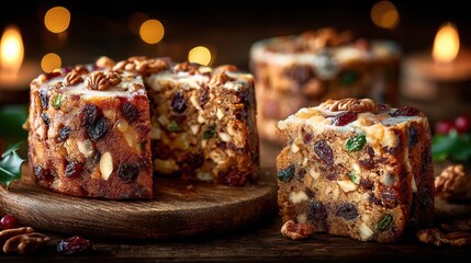 Festive Fruit Cake with Nuts on Wooden Board and Candlelight Background