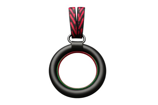 Decorative black and red keychain with circular design for easy access