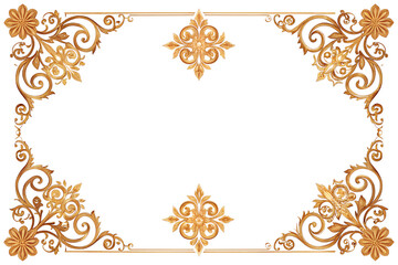 Ornate vintage frame design with intricate floral patterns in gold on a transparent background. Ideal for invitations or decorative purposes.