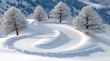 Winding snow tracks in a winter landscape with frosted trees.