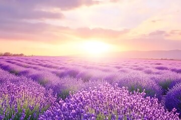 Naklejka premium Endless field of blooming lavender stretching into the horizon under a pastel sunset sky -
