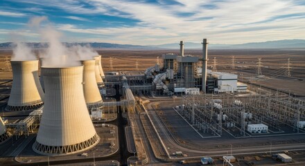Obraz premium Aerial view of an electric gas turbine power plant with cooling towers and infrastructure layout.