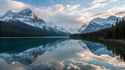 Majestic snow capped mountains reflected perfectly in a calm serene lake under a dramatic cloudy sky