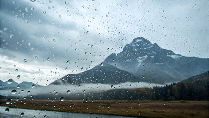 Majestic snow capped mountain peaks shrouded in mist seen through a rain splattered window pane