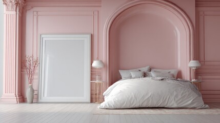 Pink bedroom with arched alcove headboard and large white frame against the wall