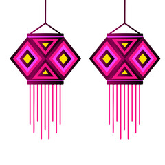 Vibrant Pink Hanging Lanterns with Geometric Patterns and Tassels Illustration