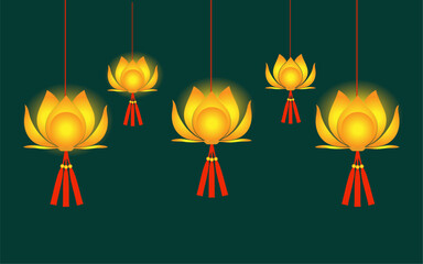 Vibrant Lotus-Shaped Hanging Lanterns with Red Tassels on Green Background Illustration