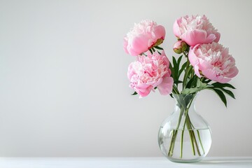 Fototapeta premium Pink peonies in glass vase on white table with white background, minimalist studio style, clean and elegant composition