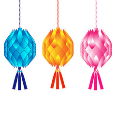 Vibrant Colorful Hanging Paper Lanterns with Tassels in Blue, Orange, and Pink Illustration