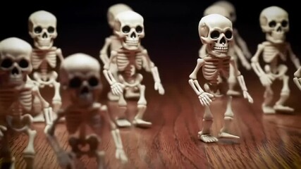 Miniature skeletons standing on a wooden surface, with a dark backdrop, creating a spooky atmosphere - Powered by Adobe