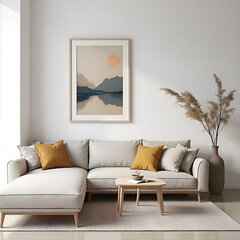 Stylish living room decor with framed art cozy sofa decorative vase modern interior minimalistic design bright colors for home aesthetics