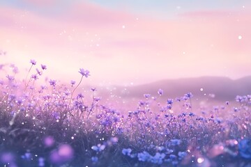 •  Field of wild violets scattered across a dewy meadow under a pastel morning sky 