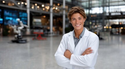 Obraz premium Young scientist smiling in modern research center professional portrait high-tech environment optimistic viewpoint
