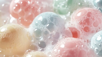 Obraz premium Close up of colorful bubbles in soapy foam with soft lighting pastel rainbow abstract texture background