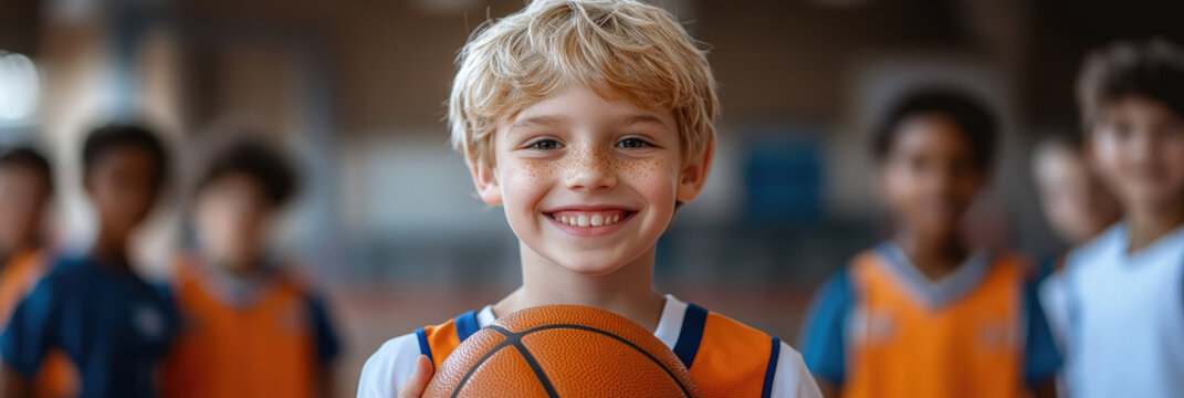 Smiling blond boy 10 years old in basketball uniform holding basketball ball in the center of school gym, other children in sports uniform behind, physical education lesson, game, team, training