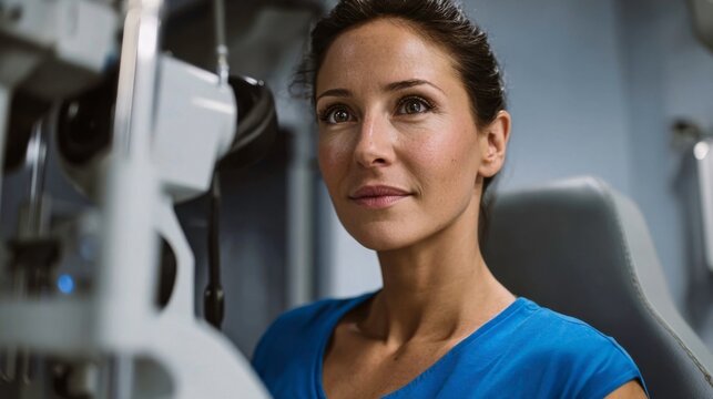 Eye examination process female patient at optical clinic medical environment close-up viewpoint health awareness