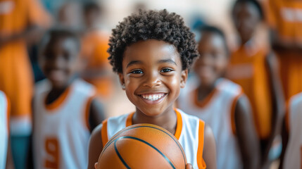 Smiling african american boy 10 years old in basketball uniform holding basketball ball in the center of school gym, other children in sports uniform behind, physical education lesson