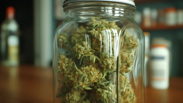A close-up reveals cannabis buds preserved within a glass jar, set against the backdrop of a dispensary, symbolizing the regulated sale of this alternative medicine.