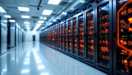 A server room filled with rows of data servers, symbolizing digital information storage and processing. The room has a bright, modern design.