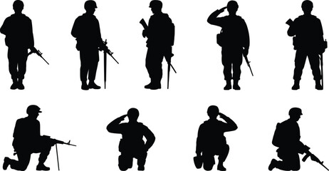 Obraz premium Silhouettes of soldiers in various poses with rifles and saluting