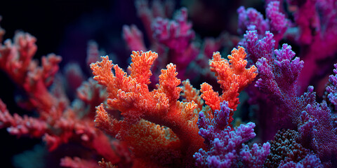 Vibrant fluorescent deep sea coral close-up, glowing soft corals with bright pink, orange, and purple hues under UV light, underwater macro reef background