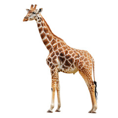 Obraz premium Full shot of a giraffe standing tall against a black background. Its distinctive spots and long neck are prominent features. The animal's posture is alert