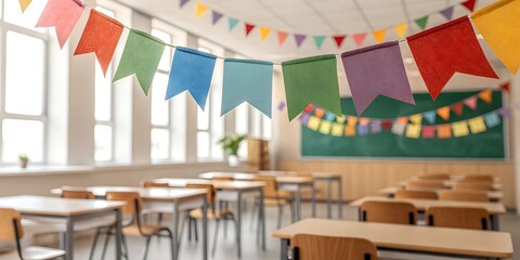 Empty Classroom with Colorful Paper Garlands – Back to School Celebration Decor