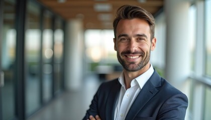 Fototapeta premium Confident Businessman Smiling in Modern Office Setting
