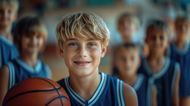 Smiling blond boy 10 years old in basketball uniform holding basketball ball in the center of school gym, other children in sports uniform behind, physical education lesson, game, team, training - Powered by Adobe