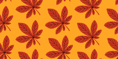 Seamless autumn pattern with colorful leaves. Fall color palette with flat vector abstract leaf background