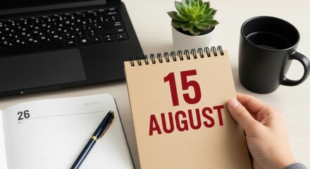 A desk setup featuring a laptop, notebook, pen, calendar showing august, a mug, and a plant pot