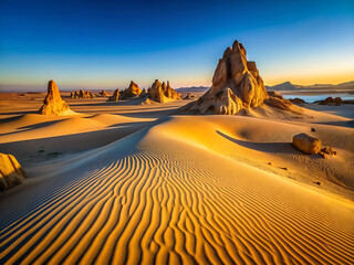 Stunning desert landscape with sand dunes and rock formations at sunrise