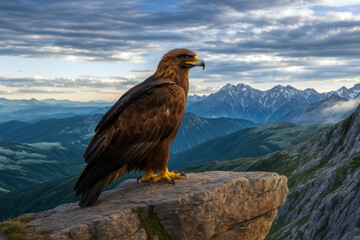 Golden eagle perched on rock against mountain backdrop