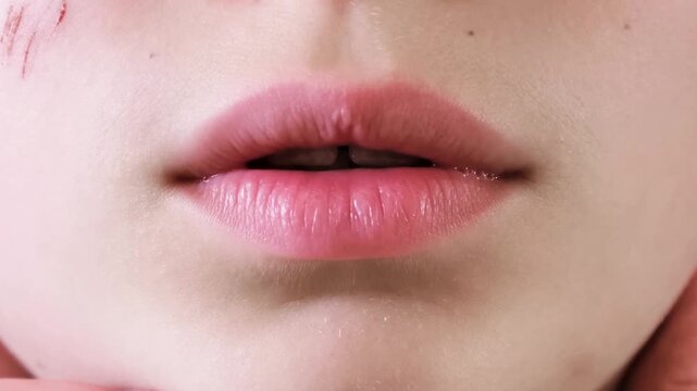 Pink and plump lips of a fair-skinned child close-up. The open mouth. An unrecognizable person talks smth. A body part. Practicing with speech therapist. Sucking callus on the upper lip. 4K.