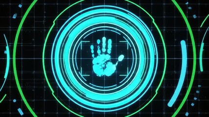 Futuristic Digital Interface with Glowing Handprint and Animated Circular Elements - Powered by Adobe