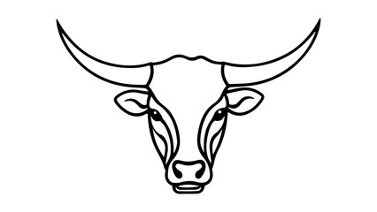 line art illustration of a bull head in vector on white background, simple line art bull head shape with beautiful horns