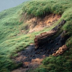 Fototapeta premium Burnt tree stump contrasts with vibrant green grass on a foggy hillside in the early morning light