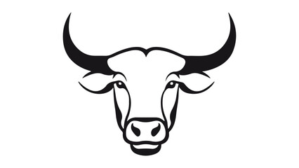 Bold Black and White Illustration of a Bull's Face with Large Horns, Monochromatic image featuring a bull's face outlined with sharp contrasts
