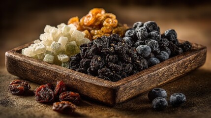 Variety of Dried Fruits and Natural Sweeteners on Rustic Wooden Tray