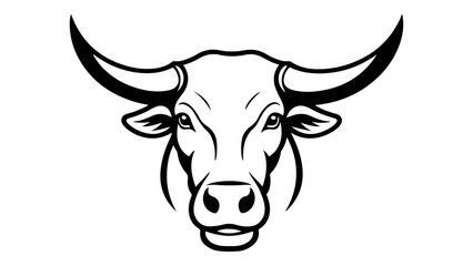Illustrated Bull Head with Detailed Horns in Black and White Lines