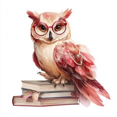 Colorful Owl Wearing Glasses Perched on a Stack of Books in a Whimsical Design Generative AI