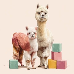 Cute Llamas Playfully Posing With Colorful Blocks in a Cheerful Setting Generative AI