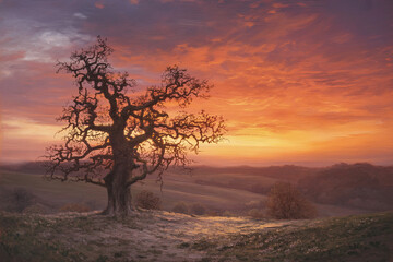 Fototapeta premium Bare tree silhouette against vibrant sunset sky