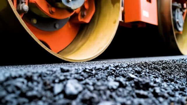 A road roller compacts asphalt, creating a smooth surface for new pavement construction and enhancing durability.